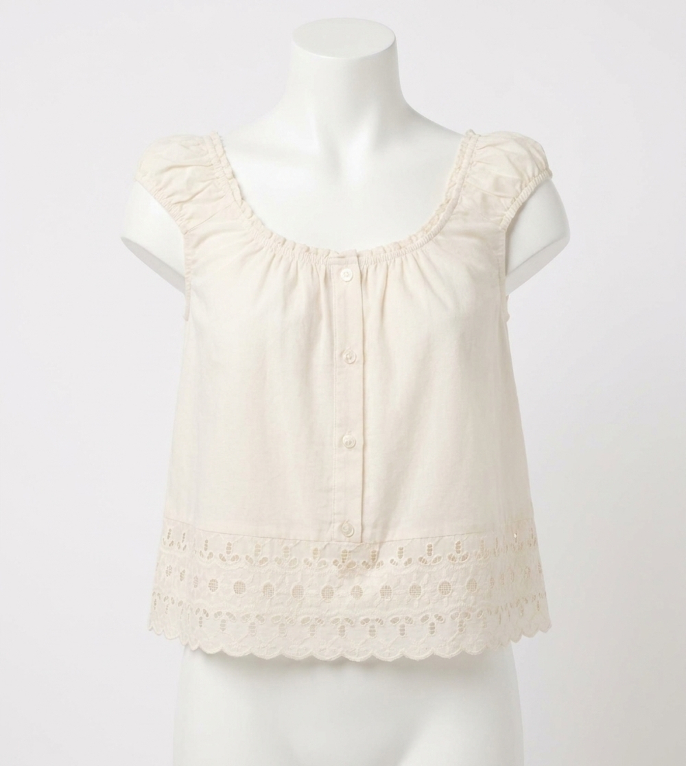 NEW BLU PEPPER eyelet lace trim short sleeve button down blouse in oatmeal